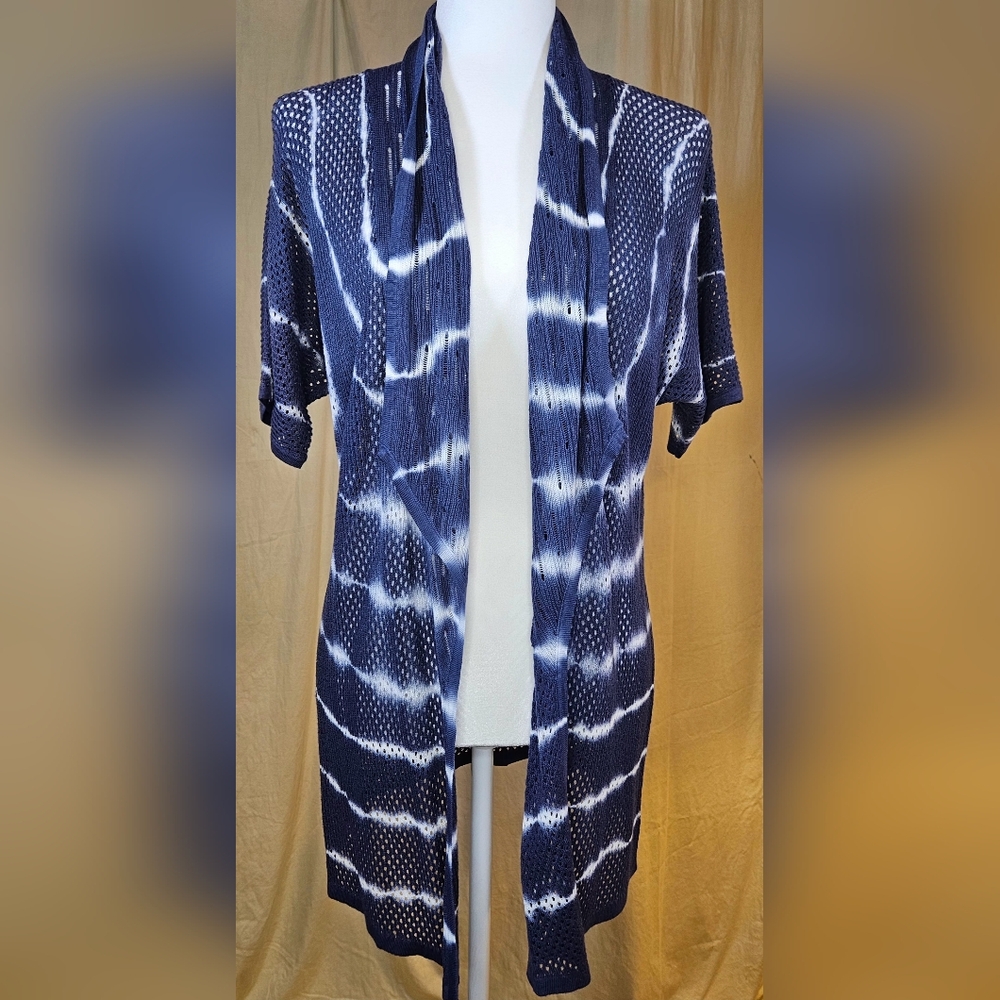 Design 365 Blue Shibori Tie Dye Open Knit Draped Cardigan Wrap Small